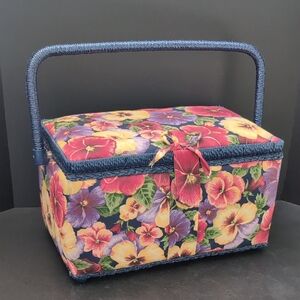 VGT,Cloth Padded Floral Sewing Basket With Wrapped Braided Handle.